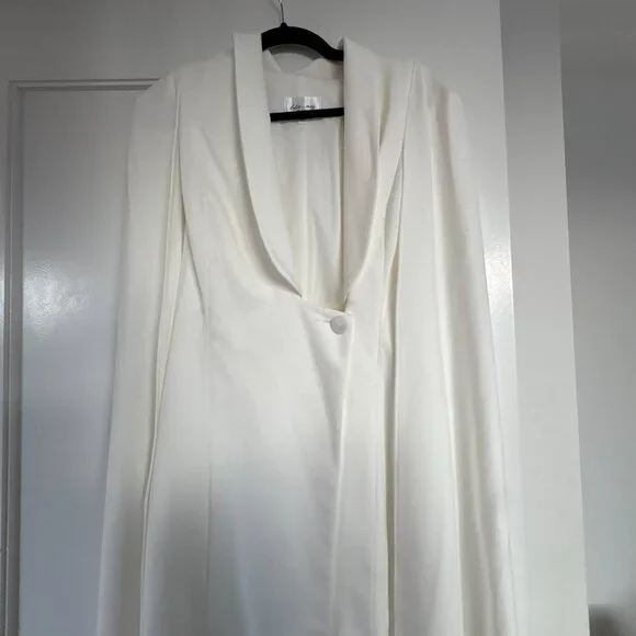 Katie May Boss Lady Cape Sleeves Mini Dress Ivory Padded Shoulders Sz Medium